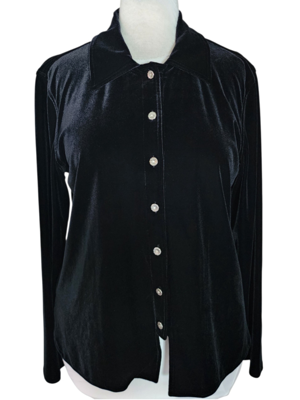 Harve Benard Womens Black Velvet Button Up Shirt L Long Sleeve Rhinestone Y2K